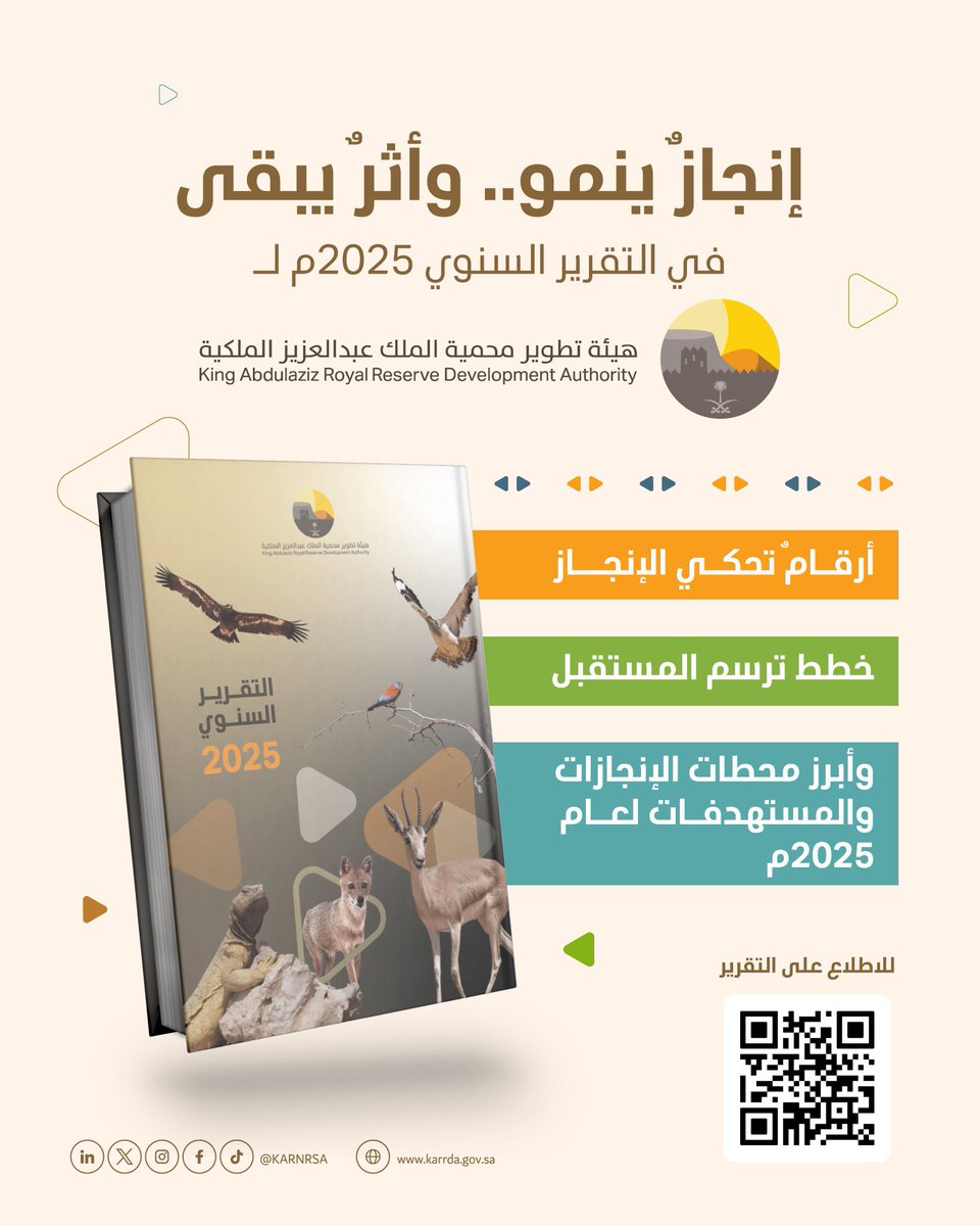 alaoide's tweet photo. يوثق التقرير السنوي 2025م لهيئة تطوير #محمية_الملك_عبدالعزيز_الملكية عامًا حافلًا بالمنجزات، ويعكس حجم الجهود المبذولة في حماية البيئة، وصون التراث الطبيعي، وتنمية السياحة البيئية، وتمكين المجتمع.

نموذج وطني يستحق المتابعة. 

#رؤية_السعودية_2030
#السعودية_الخضراء https://t.co/CDnlq2aXZq
