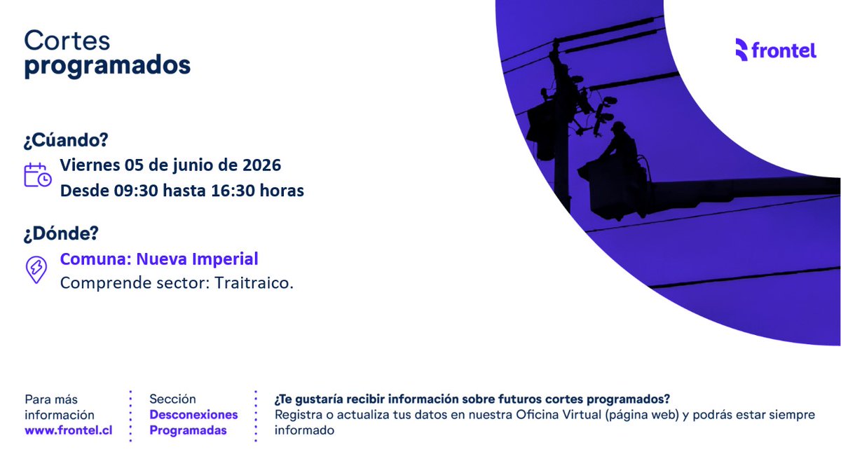 Frontel_'s tweet photo. ¡Vecinos de #NuevaImperial! No se olviden: Hoy viernes 05 de junio de 2026 trabajaremos para darte el mejor servicio. Por lo tanto, se realizará un #CorteProgramado en sector Traitraico. Gracias por tu comprensión. https://t.co/WW8HD0xyWo