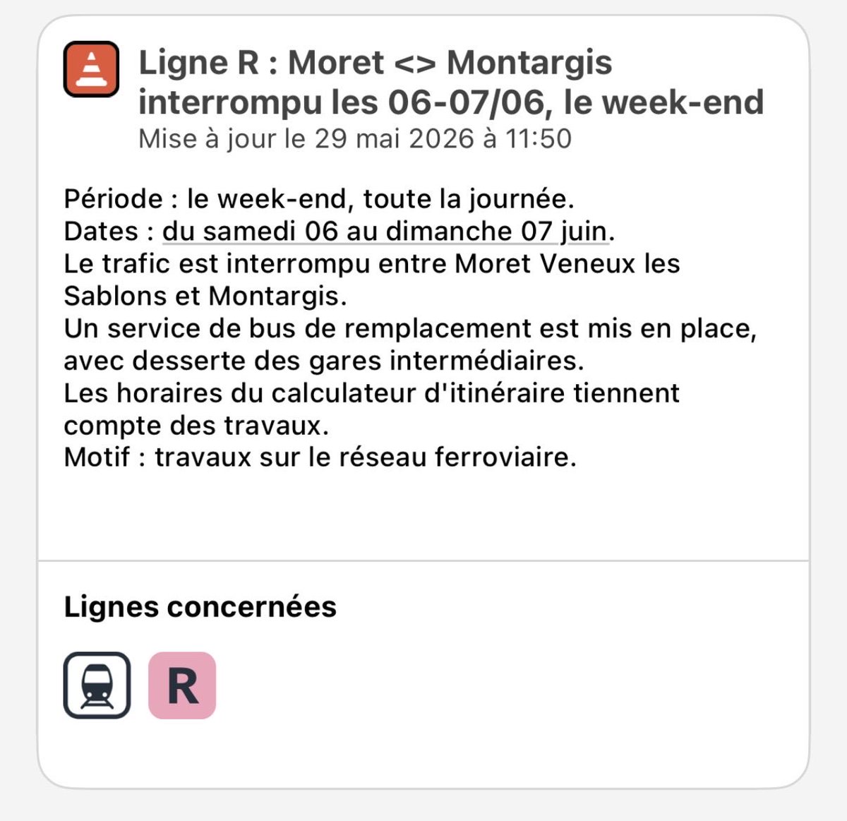 a___le_x's tweet photo. @LIGNER_SNCF Bonjour, petite question. Est ce que des trains circulent à partir de Moret jusqu’à Paris et inversement ce week end ? https://t.co/nlWKPp2Gp8