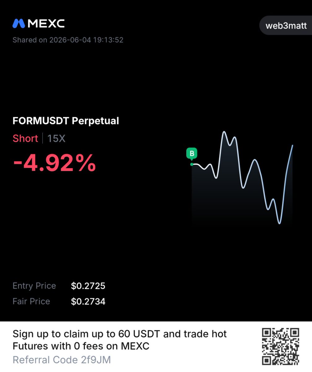 matt_decrypt's tweet photo. $FORM Short Now

Leverage: Cross 10x-20x

Take-Profit: 
0.2640
0.2520
0.2370

Stop-loss: 0.3555 (Use a trailing stop loss)

⚠️ Use only 1% of your trading capital as margin. Always DYOR, manage your risk accordingly and remember this is not financial advice (NFA). https://t.co/bfoc4GJQOT