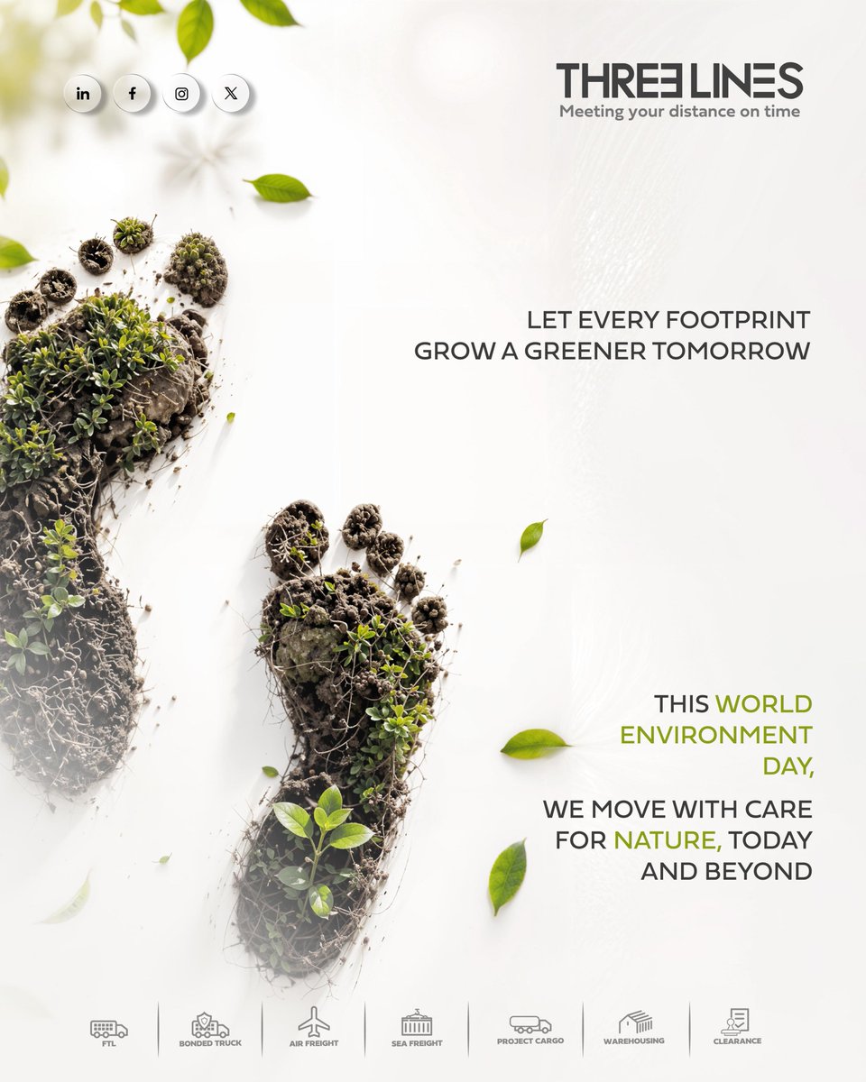 threelinesgrp's tweet photo. This #WorldEnvironmentDay, we’re committing to moving with care for nature, today and beyond. Our goal is to ensure every footprint we leave behind helps grow a greener tomorrow. 🌿🌍 #Sustainability #ThreeLinesShipping #GreenLogistics https://t.co/mypTOzP5Ke