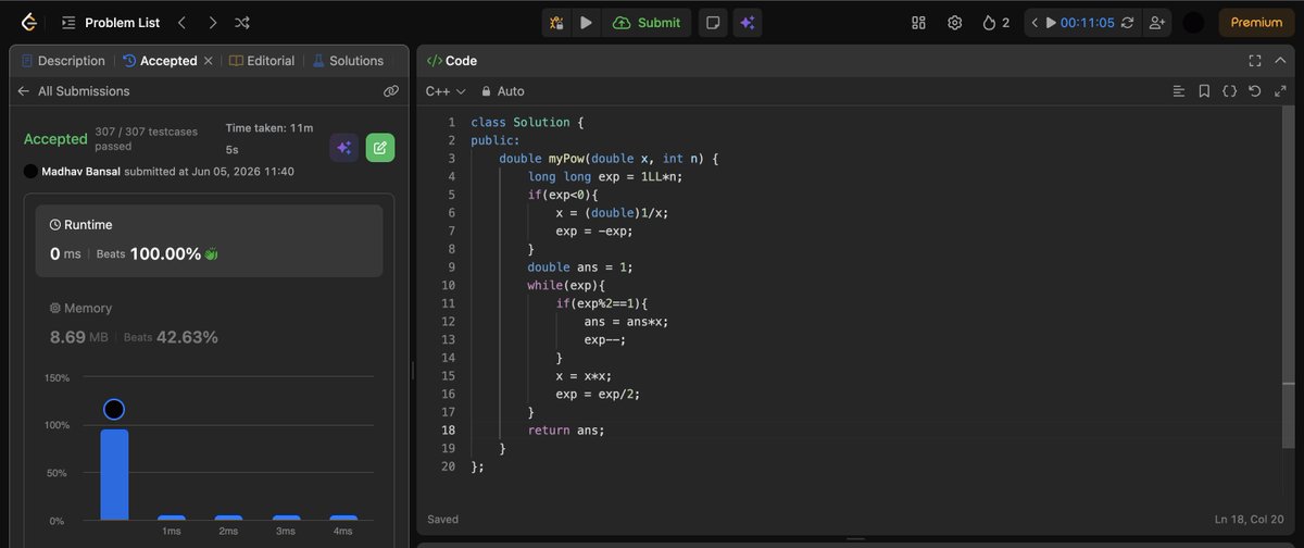 MadhavBuilds's tweet photo. Day 5/45 of #SDESheetChallenge
Solved Problems : 
1) Search in a 2D Matrix
2) Pow(x,n)
3) Majority element I (used Boyer-Moore voting algorithm for constant space solution)

@takeUforward_  @striver_79 https://t.co/3lwI71c0F4