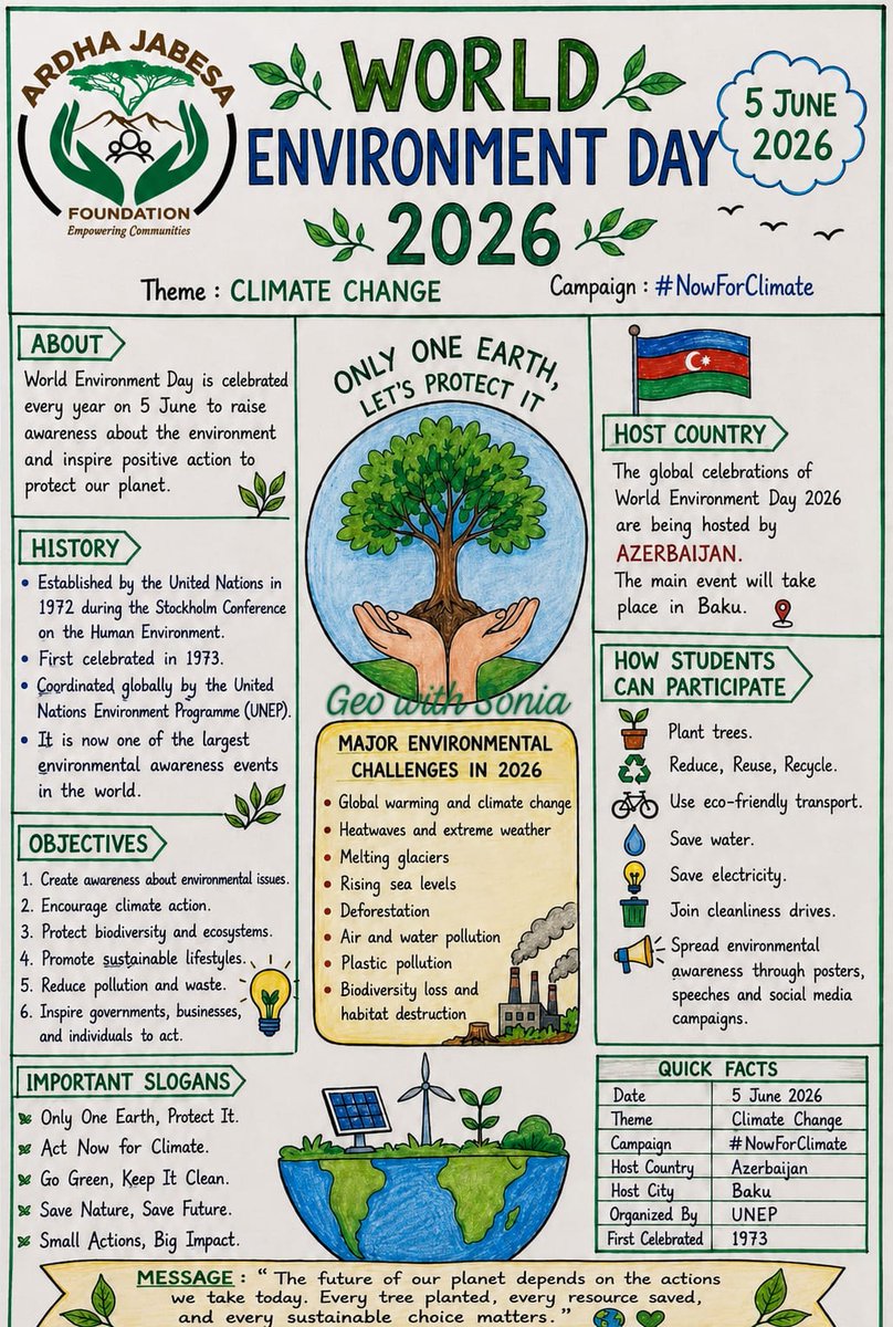 ardhajabesa2017's tweet photo. World Environment Day, observed annually on June 5, is the United Nations’ principal global platform for raising environmental awareness and driving collective action. Established in 1972 during the Stockholm Conference, it encourages governments, communities, organizations and individuals to address pressing issues like pollution, biodiversity loss, climate change and ecosystem degradation.
Northern Kenya, encompassing arid and semi-arid lands (ASALs) is a region where environmental challenges directly intersect with livelihoods, culture and survival. Pastoralist and agro-pastoralist communities here rely heavily on rangelands, livestock mobility and natural resources that are increasingly threatened by: Desertification and land degradation, Recurrent and intensifying droughts, Biodiversity loss and ecosystem strain,
In this context, World Environment Day holds profound local significance. It highlights the urgent need for land restoration, drought resilience, rangeland management and climate adaptation tailored to drylands. It amplifies indigenous solutions like those promoted by community-led organizations, promotes tree planting, sustainable livelihoods and policy advocacy for community land rights.
For 2026, the global theme is “Inspired by Nature. For Climate. For Our Future.” (with #NowForClimate). This resonates strongly in Northern Kenya, where nature-based solutions, rooted in pastoralist heritage are essential for building climate resilience and securing a sustainable future.
#WorldEnvironmentDay 2026
#InspiredByNature
#NowForClimate
#NorthernKenya
#LandRestoration / #DroughtResilience / #RangelandRestoration
#ArdhaJabesaFoundation
#Pastoralism / #IndigenousKnowledge / #ClimateActionKE
#SaveOurRangelands, #NorthernKenyaEnvironment,      #BeekeepingForResilience