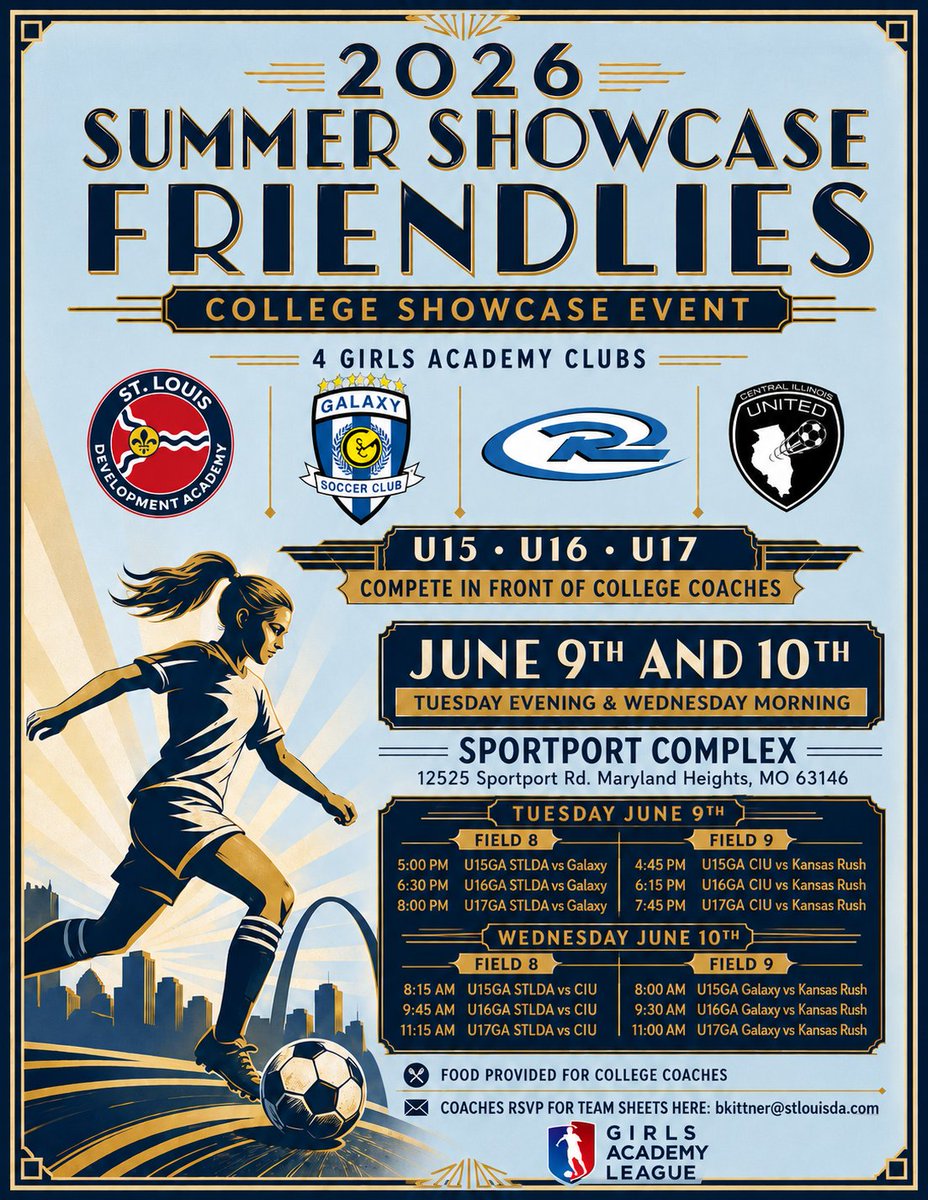 KSRush10GA's tweet photo. 🚨New age group debut! 🚨 Catch @KSRush10GA at the @STLDASoccer  Showcase as we kick off our new fall squads:

⚽️U16  ➡️2028s
⚽️U15  ➡️2029s

🗓️Tues. June 9 & 10  Schedule ⤵️

@KSRGirlsAcademy @GAcademyLeague @PrepSoccer @TopDrawerSoccer @TheSoccerWire @ImYouthSoccer @Smedley033 @GalaxySCIL @CentralILUnited @KS_RushSoccer