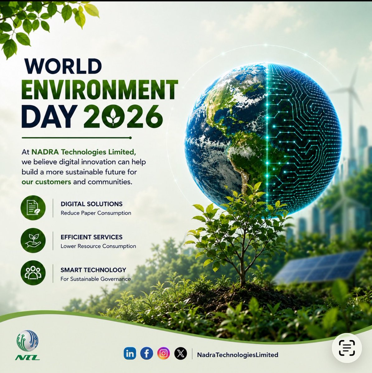 nadratechlim's tweet photo. This World Environment Day, we reaffirm our commitment to leveraging innovation for a more sustainable tomorrow. At NADRA Technologies Limited, we believe digital innovation can help build a more sustainable future for our customers and communities. https://t.co/RFdn7iWl2H