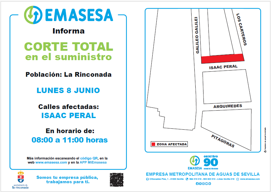 emasesa's tweet photo. 08/06 #Corte en suministro de #TuAgua por trabajos en la red de abastecimiento en C/ Isaac Peral en #LaRinconada
⌚ De 08:00 a 11:00 h.
Gracias y disculpen las molestias. #TrabajamosParaTi
#EMASESA #TuEmpresaPúblicaDelAgua @larinconada_web https://t.co/fzGZapTcAr