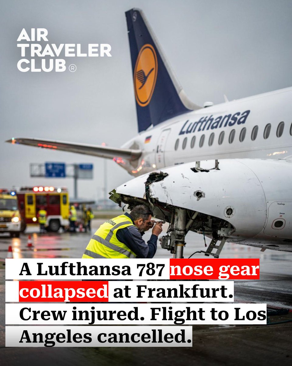 tiket2's tweet photo. Lufthansa 787-9 nose gear collapsed at Frankfurt gate, June 4 at 12:45 p.m. Several crew injured. Flight LH450 to LAX cancelled.

Investigators determine if isolated or systemic — ... 
 
Full story ⟶ https://t.co/mpN4LYMDRd
. https://t.co/amTjzTz8wS