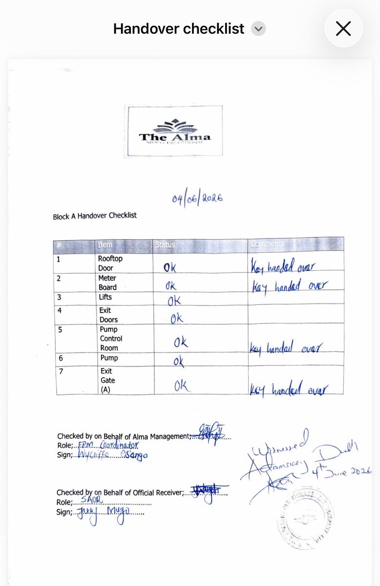 miamoreazure's tweet photo. The handover of Alma is now complete.
@ehdande @CytonnInvest @liznkukuu @she_weru @jgnasser 
After years of resistance, litigation, social media theatrics, competing committees, and endless claims that the Official Receiver could never take control, the reality is now documented in signed handover checklists across Blocks A–G.

Keys handed over.
Facilities handed over.
Control handed over.
@BRS_Kenya @AGOfficeKenya @sbmbankkenya 
The Insolvency Act was not suspended by noise. Court orders were not defeated by press conferences. Liquidation was not stopped by serial applications.

For creditors, this is another important step from paper victories to actual asset recovery.

The lesson is simple: court orders eventually prevail over obstruction.
@Kenyajudiciary @jsckenya @KJA_Kenya 
To those who spent years insisting that the Official Receiver would never take possession of Alma, today’s signed handover documents tell a different story.

The only assets left in his control is @CysuitesHotel which will be taken over shortly  and Amara Ridge 😇

Olympus must fall completely 

Importantly 

Next stop: realization of assets and distribution to creditors.