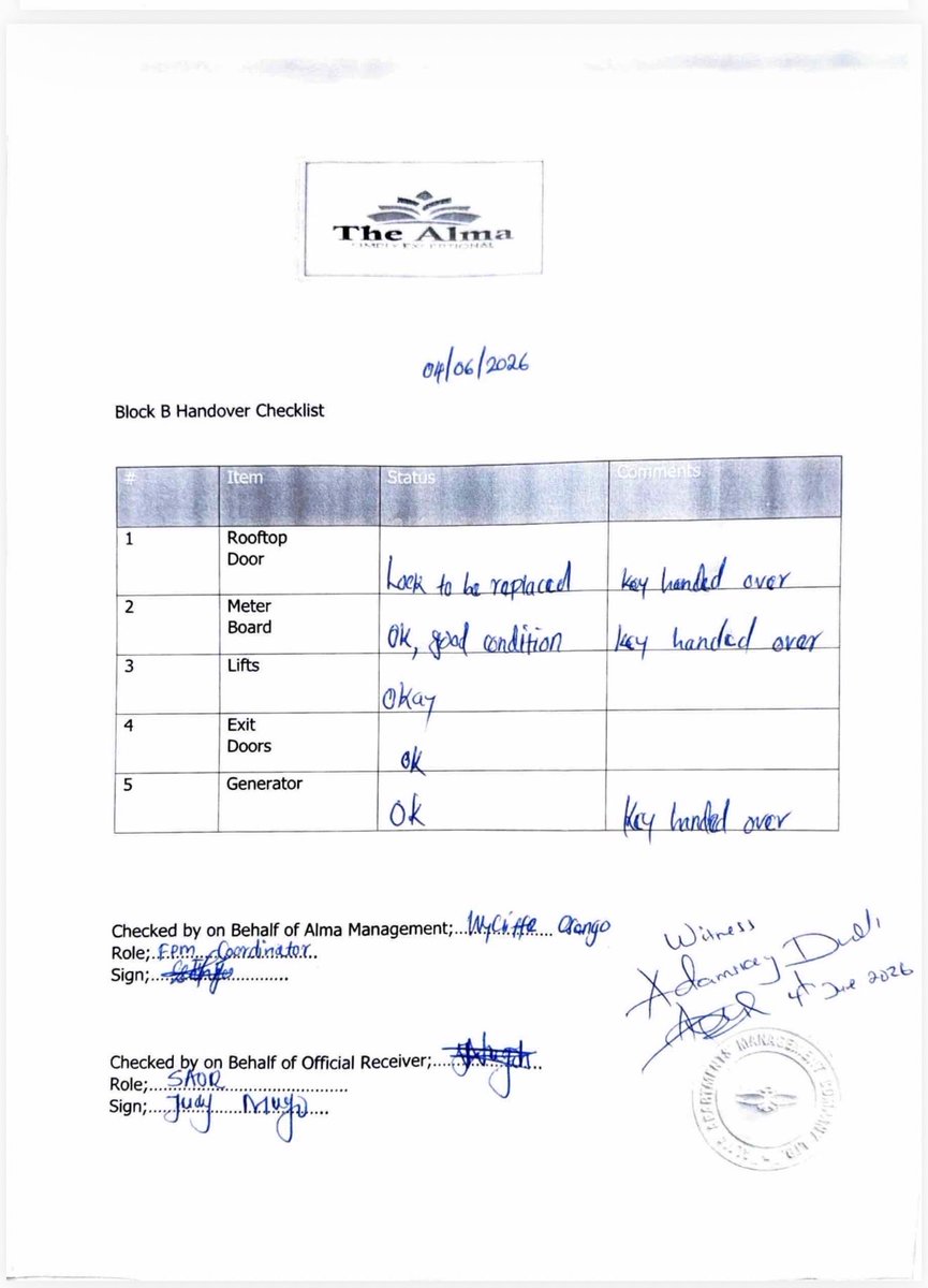 miamoreazure's tweet photo. The handover of Alma is now complete.
@ehdande @CytonnInvest @liznkukuu @she_weru @jgnasser 
After years of resistance, litigation, social media theatrics, competing committees, and endless claims that the Official Receiver could never take control, the reality is now documented in signed handover checklists across Blocks A–G.

Keys handed over.
Facilities handed over.
Control handed over.
@BRS_Kenya @AGOfficeKenya @sbmbankkenya 
The Insolvency Act was not suspended by noise. Court orders were not defeated by press conferences. Liquidation was not stopped by serial applications.

For creditors, this is another important step from paper victories to actual asset recovery.

The lesson is simple: court orders eventually prevail over obstruction.
@Kenyajudiciary @jsckenya @KJA_Kenya 
To those who spent years insisting that the Official Receiver would never take possession of Alma, today’s signed handover documents tell a different story.

The only assets left in his control is @CysuitesHotel which will be taken over shortly  and Amara Ridge 😇

Olympus must fall completely 

Importantly 

Next stop: realization of assets and distribution to creditors.