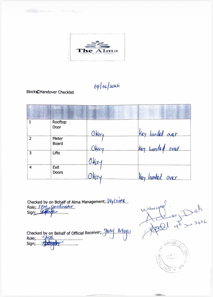 miamoreazure's tweet photo. The handover of Alma is now complete.
@ehdande @CytonnInvest @liznkukuu @she_weru @jgnasser 
After years of resistance, litigation, social media theatrics, competing committees, and endless claims that the Official Receiver could never take control, the reality is now documented in signed handover checklists across Blocks A–G.

Keys handed over.
Facilities handed over.
Control handed over.
@BRS_Kenya @AGOfficeKenya @sbmbankkenya 
The Insolvency Act was not suspended by noise. Court orders were not defeated by press conferences. Liquidation was not stopped by serial applications.

For creditors, this is another important step from paper victories to actual asset recovery.

The lesson is simple: court orders eventually prevail over obstruction.
@Kenyajudiciary @jsckenya @KJA_Kenya 
To those who spent years insisting that the Official Receiver would never take possession of Alma, today’s signed handover documents tell a different story.

The only assets left in his control is @CysuitesHotel which will be taken over shortly  and Amara Ridge 😇

Olympus must fall completely 

Importantly 

Next stop: realization of assets and distribution to creditors.