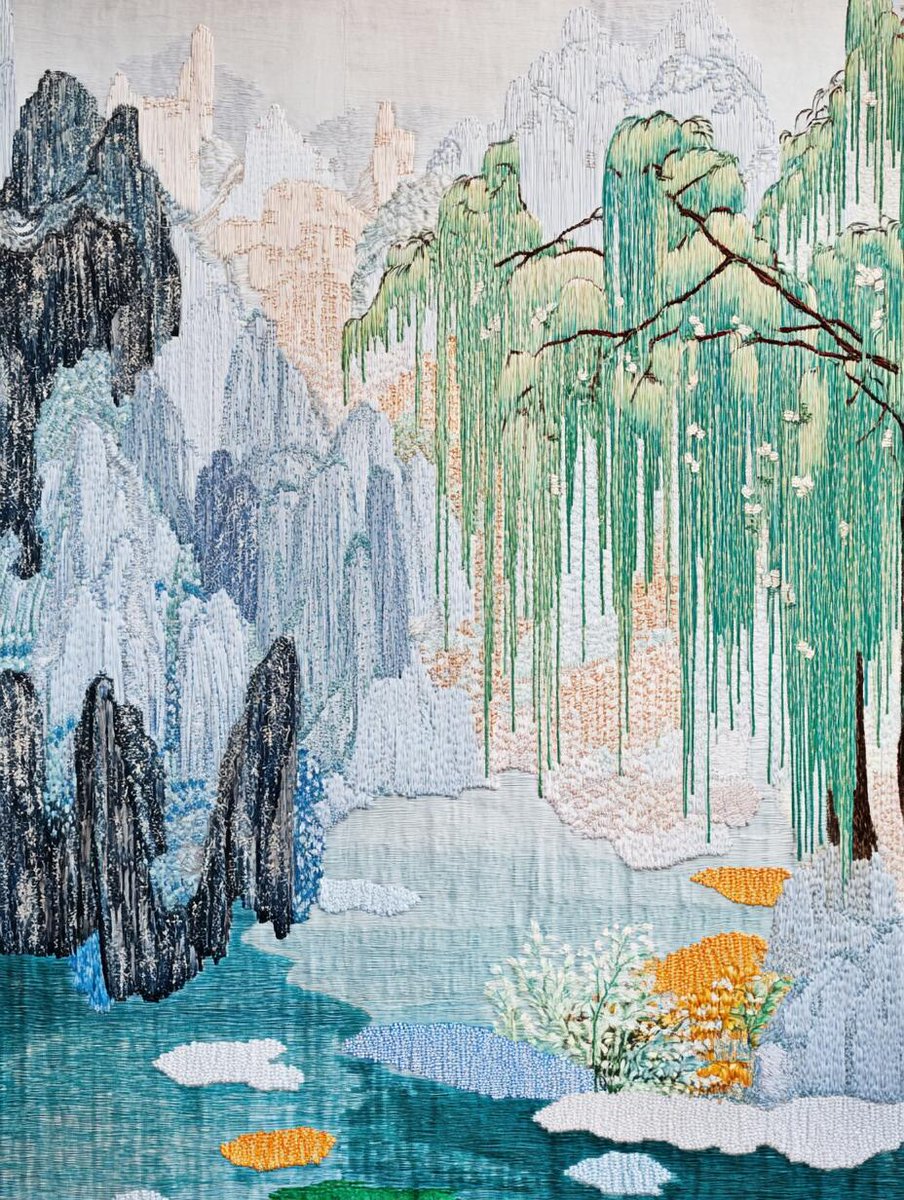 Istiyak59252151's tweet photo. In a lush green willow forest, softened by spring mist, the world feels like it has been gently brushed in watercolor. #embroideryart #AIart #digitalart #artwork #conceptart #visualart https://t.co/R1QWVS8QGj