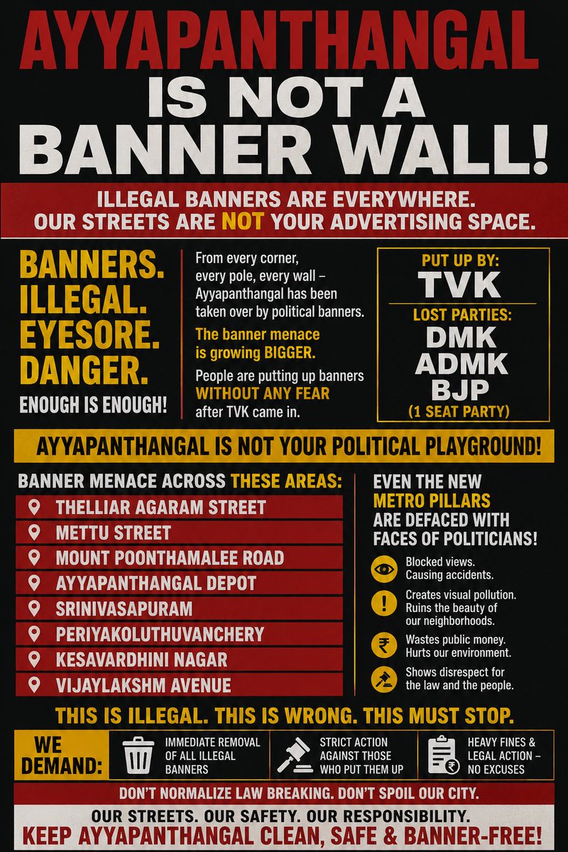 AsSan98mat01's tweet photo. @CMOTamilnadu @KanchiCollector @Chief_Secy_TN @RM_Harish_ @tnpdial100  @banposters @tnpoliceoffl @avadipolice @BussyAnand @Commissioner_RD #Ayyapanthangal #IllegalBannerMenace this is turning worser than the previous regime. Nobody seems to be learning any lesson #visualpollution https://t.co/KMZa1wEQsO