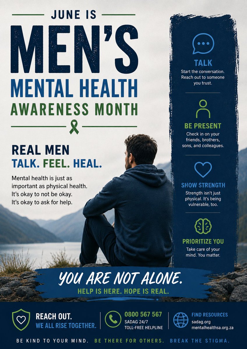 Soulkay86's tweet photo. 🩵 June is Men's Mental Health Awareness Month.

Check in on the men in your life. A simple "How are you really doing?" can make a difference.

It's okay to talk. It's okay to ask for help.

#MensMentalHealthMonth #BreakTheStigma #MentalHealthMatters https://t.co/TwB9pnuAbP