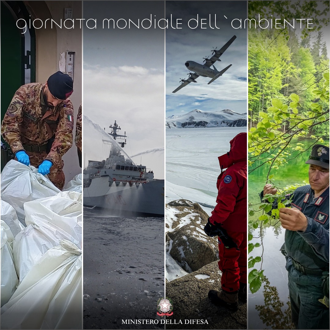 MinisteroDifesa's tweet photo. "Difendere significa anche proteggere ciò che ci circonda.
La tutela dell’ambiente, della biodiversità e del territorio è una responsabilità che guarda al futuro e contribuisce alla sicurezza del Paese.
Un impegno che vede quotidianamente coinvolte le donne e gli uomini della #Difesa, al servizio della collettività e delle nuove generazioni”. 
Così il Ministro @GuidoCrosetto in occasione della #GiornataMondiale dell'#Ambiente