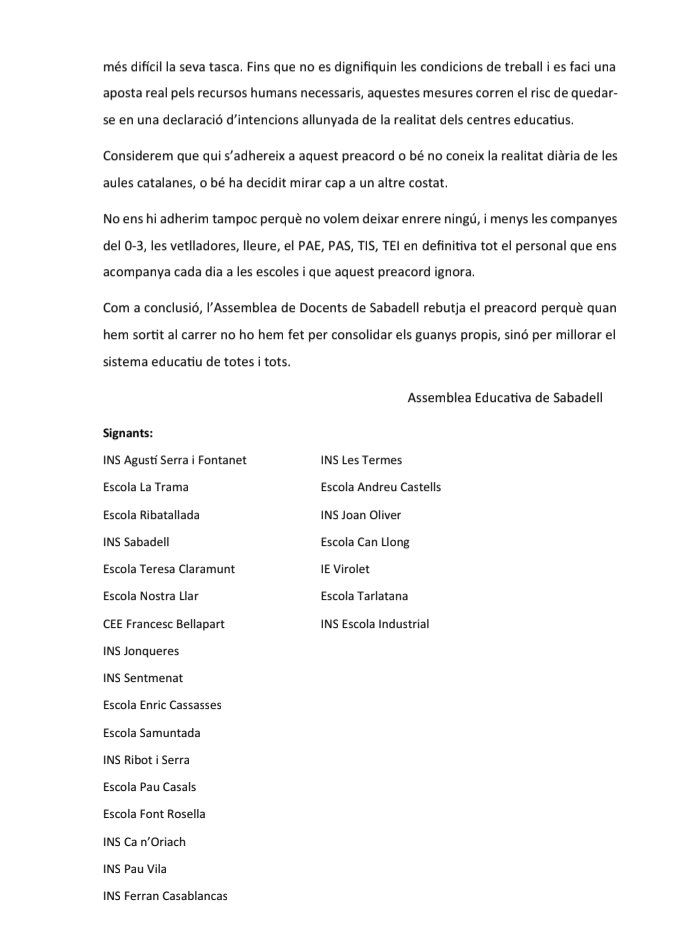acastel6's tweet photo. La carta de l'assemblea de centres de Sabadell explica els motius pels quals avui continuem en vaga. https://t.co/PduaSWM4SI