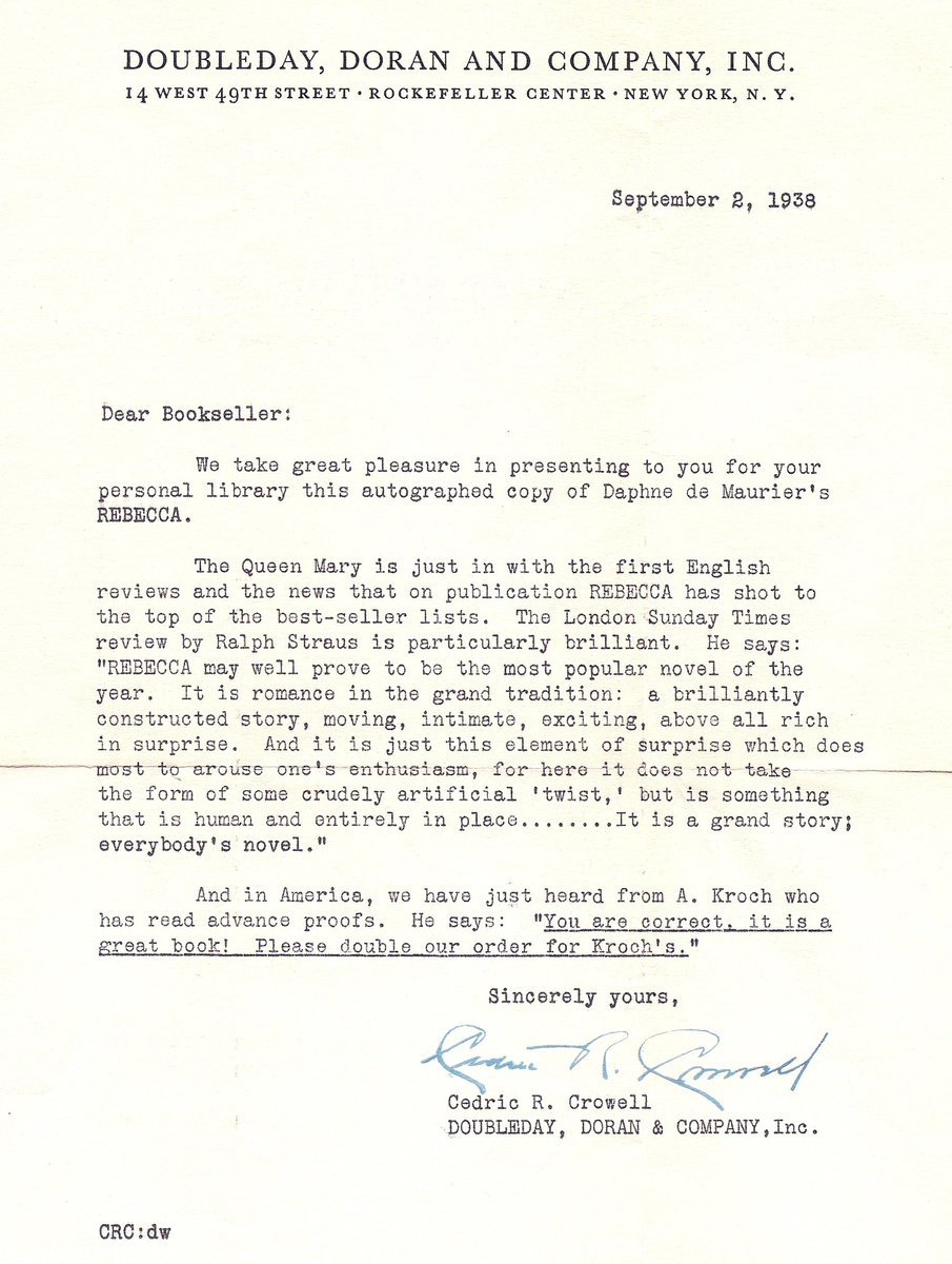 D_DuMaurier's tweet photo. While carrying out some research, we have unearthed a fascinating and informative letter from Daphne du Maurier's American publisher, Doubleday, Doran and Company, Inc., which was sent to a bookseller along with a signed copy of Rebecca in September 1938. https://t.co/E3mFjf1kKl https://t.co/v6qKek7Hno