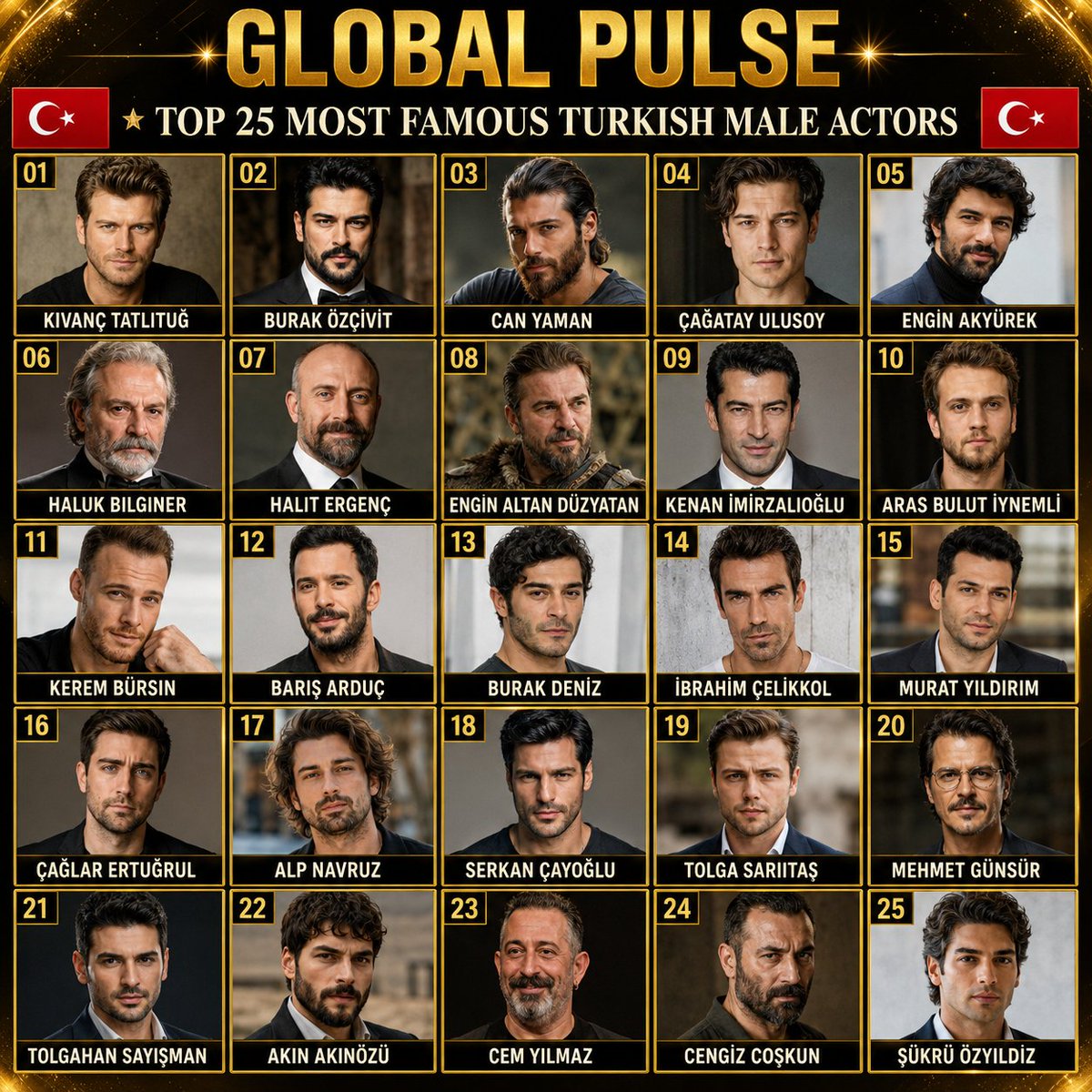 Globalstats_77's tweet photo. 🇹🇷 Top 25 Most Famous Turkish Male Actors

01. 🇹🇷 Kıvanç Tatlıtuğ
02. 🇹🇷 Burak Özçivit
03. 🇹🇷 Can Yaman
04. 🇹🇷 Çağatay Ulusoy
05. 🇹🇷 Engin Akyürek
06. 🇹🇷 Haluk Bilginer
07. 🇹🇷 Halit Ergenç
08. 🇹🇷 Engin Altan Düzyatan
09. 🇹🇷 Kenan İmirzalıoğlu
10. 🇹🇷 Aras Bulut İynemli
11. 🇹🇷 Kerem Bürsin
12. 🇹🇷 Barış Arduç
13. 🇹🇷 Burak Deniz
14. 🇹🇷 İbrahim Çelikkol
15. 🇹🇷 Murat Yıldırım
16. 🇹🇷 Çağlar Ertuğrul
17. 🇹🇷 Alp Navruz
18. 🇹🇷 Serkan Çayoğlu
19. 🇹🇷 Tolga Sarıtaş
20. 🇹🇷 Mehmet Günsür
21. 🇹🇷 Tolgahan Sayışman
22. 🇹🇷 Akın Akınözü
23. 🇹🇷 Cem Yılmaz
24. 🇹🇷 Cengiz Coşkun
25. 🇹🇷 Şükrü Özyıldız