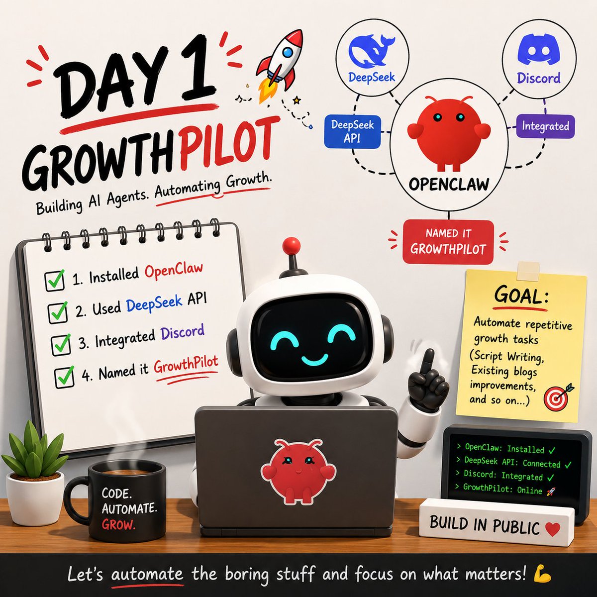 smusman98's tweet photo. 🚀 Day 1

✅ Installed OpenClaw
🧠 Used DeepSeek API
💬 Integrated Discord
🤖 Named it GrowthPilot

The goal is to automate repetitive growth tasks (script writing, blog improvements, and so on...) 📈

Excited to explore😎

#GrowthPilotJourney #OpenClaw #BuildInPublic #Automation https://t.co/q7A7KbzIAC