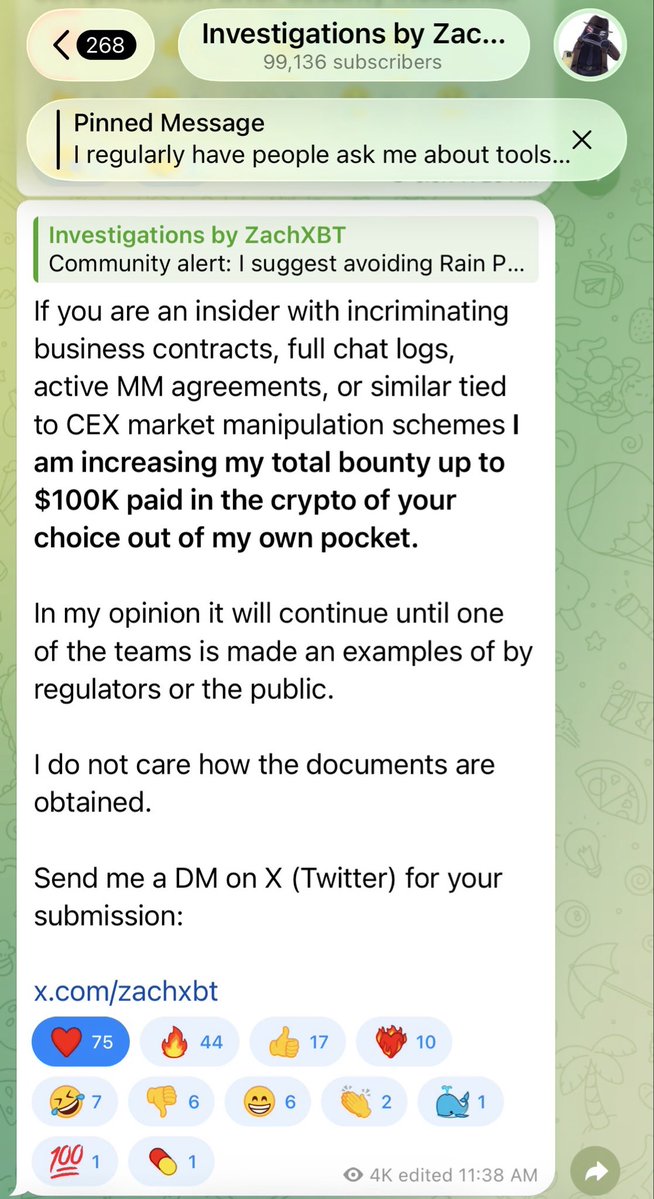 ChainEdWeb3's tweet photo. @zachxbt has increased the bounty to $100,000, funded from his own pocket, for information such as business contracts, full chat logs, or other evidence linked to CEX market manipulation.

Let’s expose these bad actors and help make the industry more transparent and trustworthy. https://t.co/2WgRf5NXRE