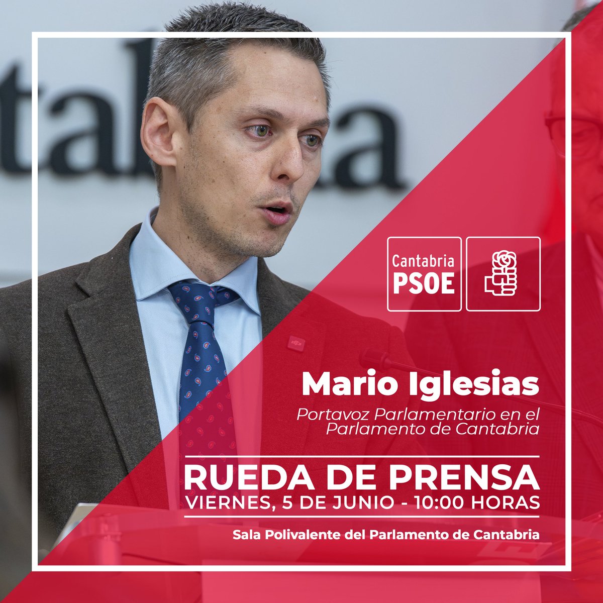 PSOECantabria's tweet photo. 📢 RUEDA DE PRENSA 📢

El secretario de Política Autonómica y portavoz parlamentario, @MarioReocin, presenta este viernes, 5 de junio, las iniciativas parlamentarias en una rueda de prensa a partir de las 10.00 horas. https://t.co/98AokpbMjn