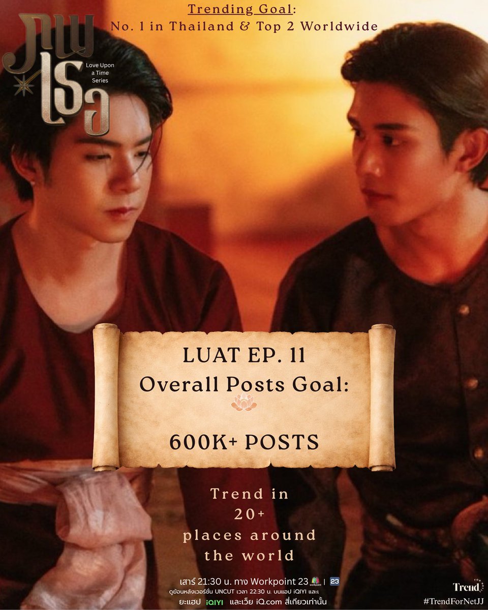 trendfornetjj's tweet photo. Since we reached 596.9K+ overall posts last week and trended No. 1 in Thailand and No. 2 Worldwide, here’s our new goal for this week 🔥

FOR EP. 11 📊 : 

- 600K+ posts 🔜
- No. 1 Thailand ☑️
- Top 2 Worldwide☑️
- Trend in 20+ Countries ☑️

Please note: Our biggest goal is to reach the top of trending lists. Be sure to pace yourselves, protect your accounts, and most of all enjoy yourselves!

As usual, we’ll post in waves throughout the 24 hours so feel free to engage! 

2 eps to go~ 

Let’s give our all! 

#TrendForNetJJ #NETJJ
#ภพเธอTheSeries
#LoveUponaTimeSeries