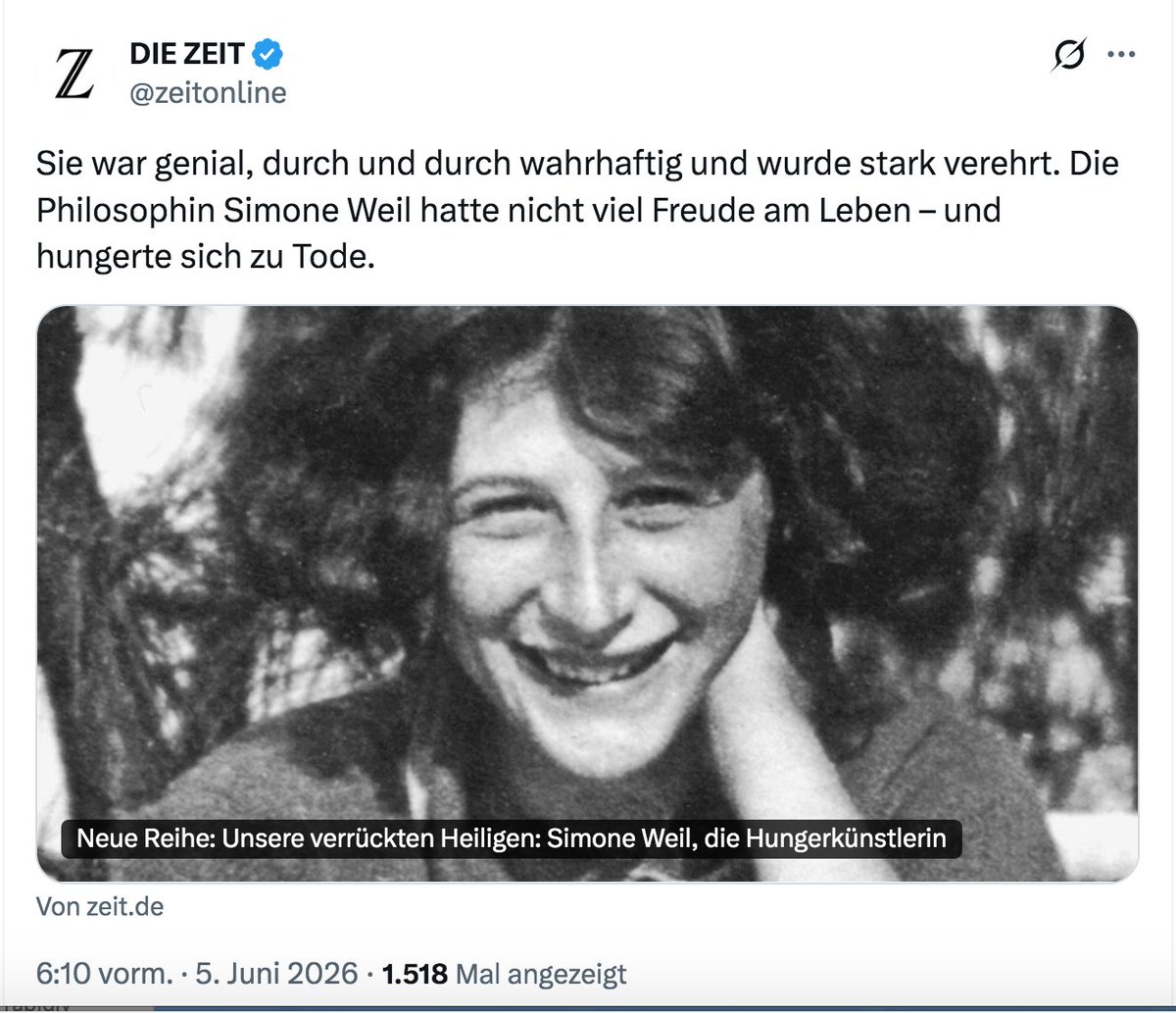 Cleofide's tweet photo. Podcast aus der Serie Unter Pfarrerstöchtern
(heißt wirklich so)

Titel: "Simone Weil, die Hungerkünstlerin"

Manchmal fällt einem zu solch einer Einengung nichts mehr ein. Ich habe mir das nicht angehört, vielleicht ist es besser als befürchtet, öffentlich ankommen tut aber das. https://t.co/0nL5QZXKuh