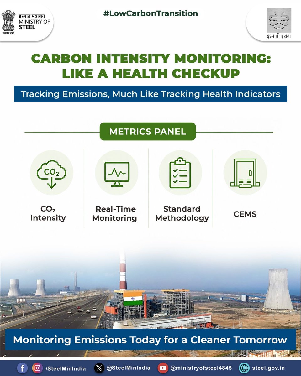 SteelMinIndia's tweet photo. This concept uses the analogy of a “health checkup” to simplify the idea of carbon intensity monitoring in steel plants.

Just like regular health monitoring helps track human well-being, tools like CEMS, real-time monitoring, and standard methodologies help industries track and manage emissions more effectively.

Because complex industrial processes become easier to understand when explained through familiar everyday concepts.

Carbon Intensity Monitoring = The Health Checkup
Monitoring Emissions Today for a Cleaner Tomorrow.

#LowCarbonSteel #CarbonIntensity #CEMS #Decarbonisation #SteelSector #IndustrialTransformation #NetZero #SteelInnovation #ClimateAction