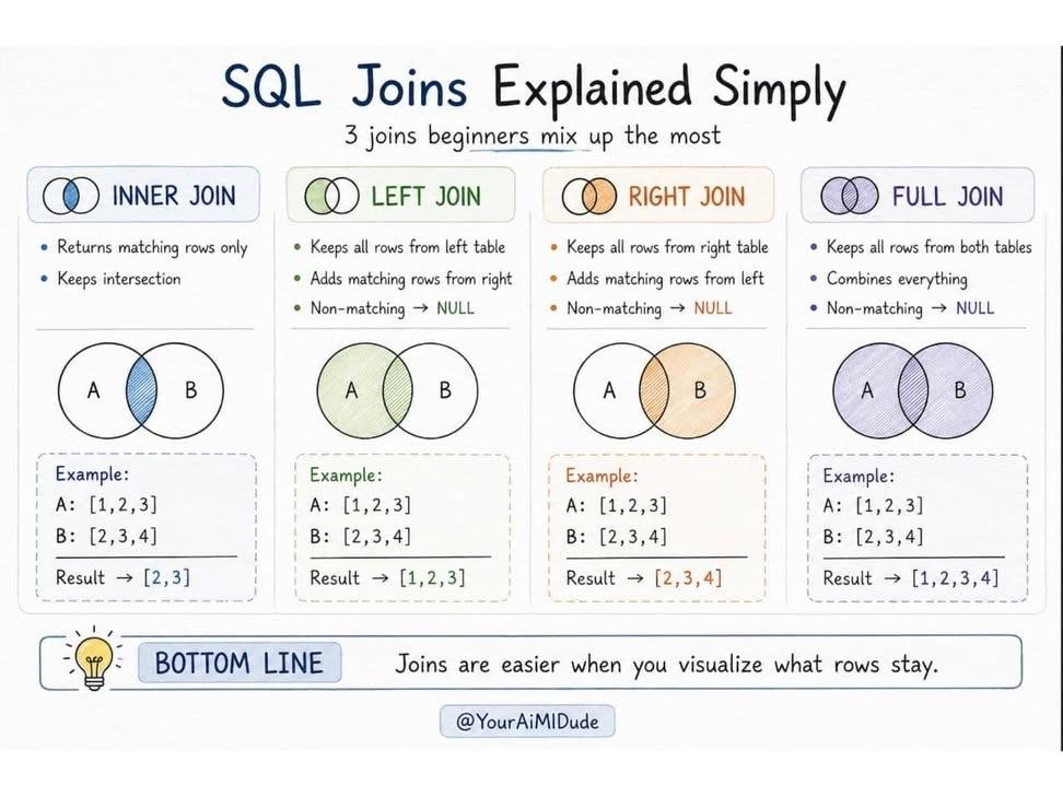 TechiesVerse's tweet photo. SQL joins feel confusing until you see them visually.

Here’s the clean breakdown.
save this. https://t.co/3TvyIj9RS5