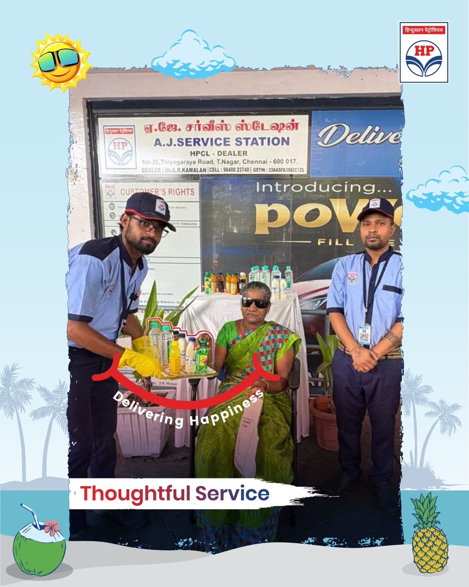 hpcl_retail's tweet photo. At @HPCL, delivering happiness goes beyond every refueling experience. 

We are proud to share a thoughtful customer-connect initiative undertaken by 𝗔𝗝 𝗦𝗲𝗿𝘃𝗶𝗰𝗲 𝗦𝘁𝗮𝘁𝗶𝗼𝗻, 𝗖𝗵𝗲𝗻𝗻𝗮𝗶, reflecting our commitment to care for the communities we serve.

During the peak summer season, customers visiting the outlet were offered refreshing buttermilk, soft drinks, and drinking water to provide quick relief from the scorching heat.

Special attention was also extended to e-commerce delivery personnel, who tirelessly navigate the city to ensure timely deliveries, helping them stay refreshed and energized throughout their journeys.

Such meaningful gestures exemplify the spirit of care and service that drives 𝗛𝗣 𝗥𝗲𝘁𝗮𝗶𝗹'𝘀 𝗻𝗮𝘁𝗶𝗼𝗻𝘄𝗶𝗱𝗲 𝗻𝗲𝘁𝘄𝗼𝗿𝗸 𝗼𝗳 𝟮𝟱,𝟬𝟬𝟬+ 𝗿𝗲𝘁𝗮𝗶𝗹 𝗼𝘂𝘁𝗹𝗲𝘁𝘀, committed to delivering happiness every day.

#HPCL #HPRetail #MeraHPPump #poWer95 #BeatTheHeat