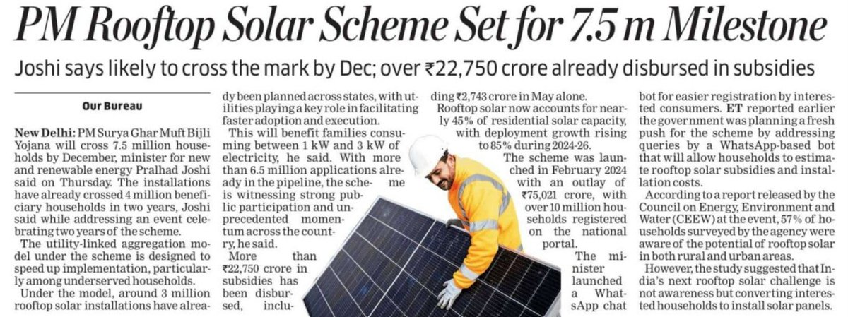DhawalDoshi5's tweet photo. PM Surya Ghar Scheme: Strong Demand Momentum

PM Surya Ghar Muft Bijli Yojana will cross 7.5 million households by Dec'26.

Installations have already crossed 4 million beneficiary households within two years.

Government expects another ~3.5 million additions in the next six months, indicating strong execution momentum.

Massive pipeline visibility
=> Over 6.5 million applications are already in the pipeline.
=> More than 10 million households registered on the national portal, providing long-term demand visibility for the rooftop solar ecosystem.

Subsidy outflow has reached a meaningful scale of Rs. 22,750 CR, including Rs. 2,743 CR in May alone.

Faster subsidy disbursement reduces customer payback periods and accelerates adoption.

Rooftop Solar scheme was launched in February 2024 with an outlay of Rs. 75,021 CR. Over 10 million households registered on the national portal

Rooftop solar currently accounts for ~45% of residential solar capacity. Expected to rise to ~85% during 2024-26, indicating a structural shift toward distributed generation.

Awareness is not an issue anymore however next challenge is conversion—turning interested households into paying installations. Delays in approvals, financing, installer availability, or subsidy processing could slow execution.

Listed Beneficiaries

Solar Module Manufacturers
=> Waaree Energies
=> Premier Energies
=> Emmvee Photovoltaic Power
=> Vikram Solar

Solar EPC / Rooftop Integrators
=> Tata Power
=> Shakti Pumps
=> Solex Energy

Inverter Manufacturers
Servotech Renewable Power System

Cables & Electrical Balance-of-System
=> Polycab India
=> KEI Industries
=> RR Kabel
=> Havells India

PM Surya Ghar is evolving from a policy initiative into a large-scale execution story, creating multi-year demand visibility for solar modules, inverters, cables, EPC services, and rooftop solar ecosystem players.

Disclaimer: Purely for educational and tracking purposes only. Not a buy/sell recommendation. Please do your own research before investing.

@vishan_29 @Anvith_ @TrendSpark420 @Dynamicinvstr @Saurabh_TyagiX