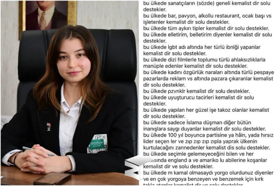 gokceekatuun's tweet photo. Ülkemizin kurucusu 
Mustafa Kemal ATATÜRK'ü ve TÜRK Ulusunu aşağılayan, 
Halkı kin ve düşmanlığa tahrik ve  aşağılama suçu işleyen 
#RümeysaEkerTutuklanasın https://t.co/7SnkrEiRZd