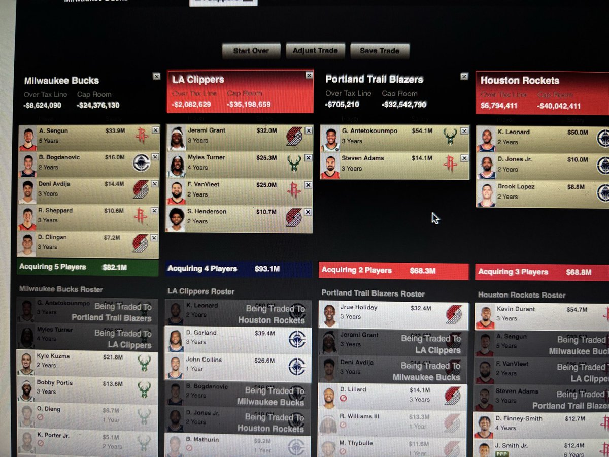 Hoepps's tweet photo. Thoughts on this trade proposal between @Bucks @LAClippers @trailblazers @HoustonRockets not sure if picks would need to be involved but allows every team to still be able to compete https://t.co/BjuP6Fynz7