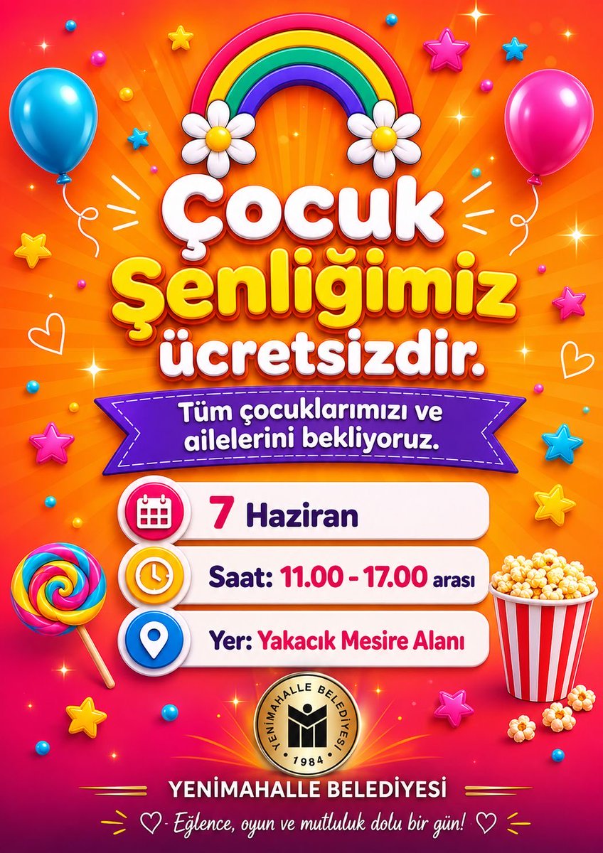 fethiyasar's tweet photo. Belediyemizin Kreş ve Gündüz Bakımevleri'nin 2026-2027 Eğitim Öğretim Yılı için kayıtlarını, düzenleyeceğimiz çocuk şenliği ile başlatacağız.

Dev emoji korteji, karnaval oyun çadırları, şişme oyun parkları, yeni nesil ahşap oyunlar, 3D VR sanal gerçeklik oyun alanı, animasyon gösterileri, yarışmalar, sevimli kuklalar, pamuk şeker ve mısır ikramı ile dolu dolu geçecek şenliğimize tüm çocuklarımız ve velilerimiz davetlidir.

🗓️ 7 Haziran Pazar
🕚 11.00-17.00
📍Yakacık Mesire Alanı