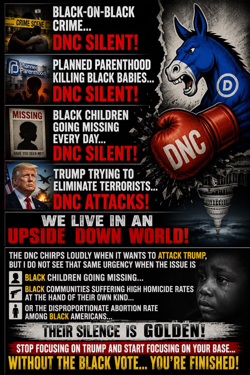 SirCensorLot's tweet photo. BLACK-ON-BLACK CRIME… DNC SILENT!

PLANNED PARENTHOOD AND THE DISPROPORTIONATE ABORTION RATE AMONG BLACK AMERICANS… DNC SILENT!

BLACK CHILDREN GOING MISSING EVERY DAY… DNC SILENT!

TRUMP TRYING TO ELIMINATE TERRORISTS… DNC ATTACKS!

WE LIVE IN AN UPSIDE-DOWN WORLD!

THE DNC CHIRPS LOUDLY WHEN IT WANTS TO ATTACK TRUMP,

BUT I DO NOT SEE THAT SAME URGENCY WHEN THE ISSUE IS BLACK CHILDREN GOING MISSING…

BLACK COMMUNITIES SUFFERING HIGH HOMICIDE RATES…

OR THE DISPROPORTIONATE ABORTION RATE AMONG BLACK AMERICANS…

THEIR SILENCE IS GOLDEN!

STOP FOCUSING ON TRUMP AND START FOCUSING ON YOUR BASE…

WITHOUT THE BLACK VOTE… YOU’RE FINISHED!