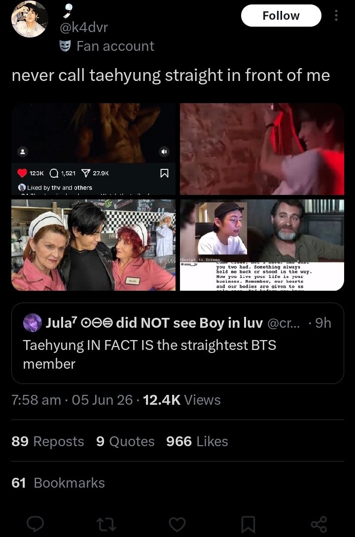 romancerthv's tweet photo. This bitch blocked me because she also knew that i was ruining  her attempt to label tae as gay based on her illogical theories. All this shows is that Taehyung is not homophobic and supports the LGBTQ+ community, just like the other members do,but somehow only https://t.co/q7aZw6HQMG