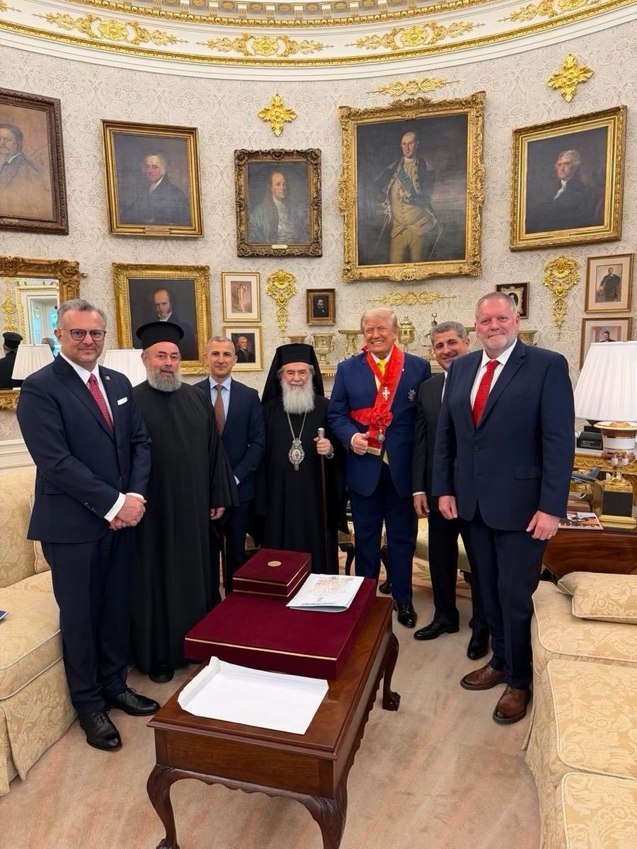 kbalian90's tweet photo. BREAKING: His Beatitude Greek Patriarch Theophilos III has awarded President Trump the Great Bearer of the Cross of the Order of Cross-Bearers of the Holy Sepulchre, one of the highest honors of the Greek Orthodox Patriarchate of Jerusalem, during a meeting in the Oval Office. https://t.co/oCsSD0c7j3