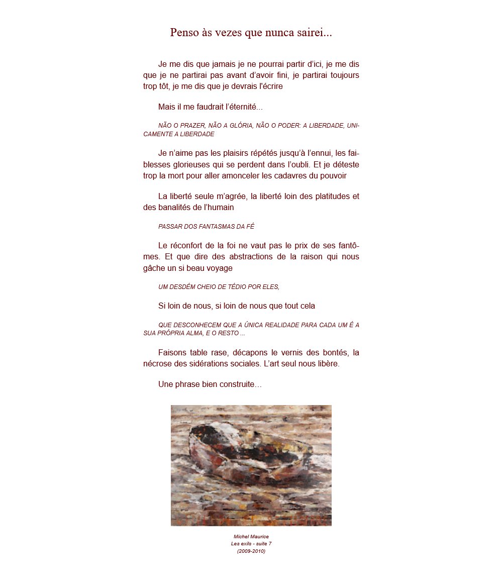 GuernesC's tweet photo. Actualités #poésie : Grand cahier 609

Penso às vezes que nunca sairei...
– https://t.co/vSe3yJ8Ni8

ACCUEIL :
https://t.co/8HwfZRQGXd
Alentour de Soares, 043 Quelques intranquillités

Michel Maurice
Les exils - suite 7
(2009-2010) https://t.co/RrV2p2hIsO