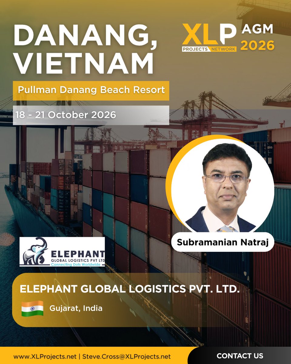 XLPNetwork's tweet photo. Subramanian Natraj from Elephant Global Logistics Pvt. Ltd. will be attending the XLP AGM 2026 in Da Nang, Vietnam! (18–21 Oct)

Register now :🔗  https://t.co/msZLRpuXlw

#XLProjects #AINetworks #heavylift #XLPAGM #XLPAGM2026 #Danang #Vietnam #ElephantGlobalLogisticsPvtLtd https://t.co/4s9lb0TDPQ