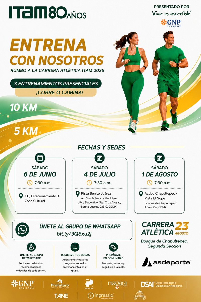 ITAM_mx's tweet photo. 🏃‍♀️🏃‍♂️ ¡Prepárate para la Carrera Atlética ITAM 2026!

Te invitamos a participar en nuestros entrenamientos presenciales rumbo a la carrera. Puedes correr o caminar, ¡lo importante es sumarte!

📅 Fechas y sedes:

✅ 6 de junio | 7:30 a.m.
📍 CU, Estacionamiento 3, Zona Cultural

✅ 4 de julio | 7:30 a.m.
📍 Pista Benito Juárez

✅ 1 de agosto | 7:30 a.m.
📍 Activo Chapultepec / Pista El Sope

📲 Únete al grupo de WhatsApp para recibir recordatorios, recomendaciones y resolver tus dudas:
https://t.co/tuAwQuz82q

🏅 Carrera Atlética ITAM 2026
📅 23 de agosto
📍 Bosque de Chapultepec, Segunda Sección

#CarreraITAM2026 #ITAM80Años