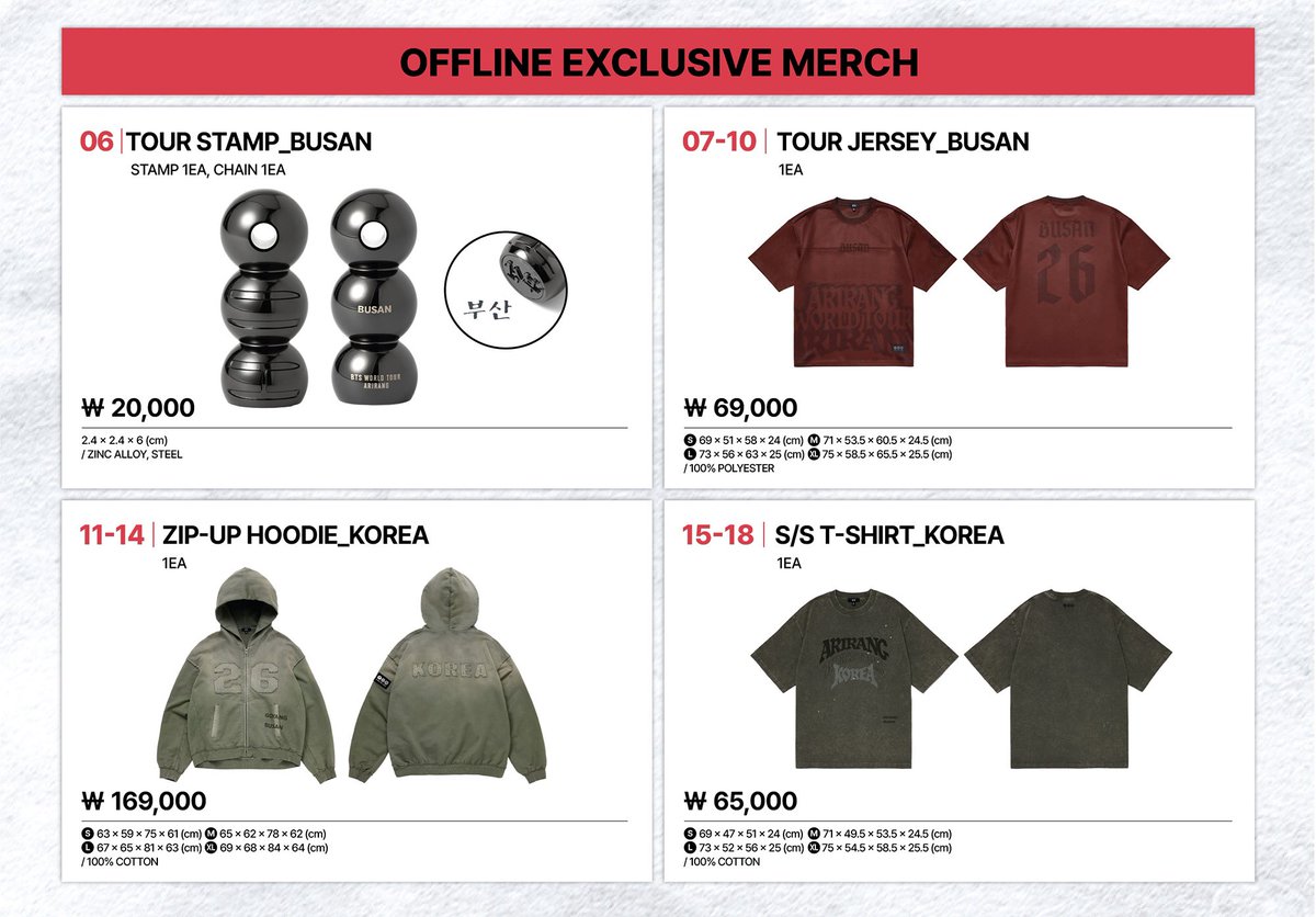KzoneShop's tweet photo. wts lfb ph
BTS WORLD TOUR ‘ARIRANG’ IN BUSAN Official Merch

TOUR STAMP BUSAN
TOUR JERSEY BUSAN
ZIP-UP HOODIE KOREA
S/S T-SHIRT KOREA
OFFICIAL LIGHT STICK VER.4 PARTS (TOUR KOREAN VER. / TOUR VER.)
OFFICIAL LIGHT STICK BAG
MULTI STRAP (BLACK, RED)
PLUSH KEYRING
BALL CAP (BLACK)
ZIP-UP HOODIE (CHARCOAL)
WIND JACKET (GRAY)
HOODIE & PANTS SET-UP (GRAY)
S/S TOUR T-SHIRT (BLACK / GRAY)
S/S PHOTO T-SHIRT (BLACK)
S/S CROP T-SHIRT (WHITE)
S/S JERSEY
PHOTO SLOGAN MUFFLER
FABRIC BAG
SOUVENIR BOTTLE
MINI SKATEBOARD KEYRING (RED, WHITE)

📌DOP / PAYO
🚚NETA 2-3 weeks after ship out from Korea

🏷️ rm jin suga j-hope jimin v jk namjoon seokjin yoongi hobi taehyung jungkook