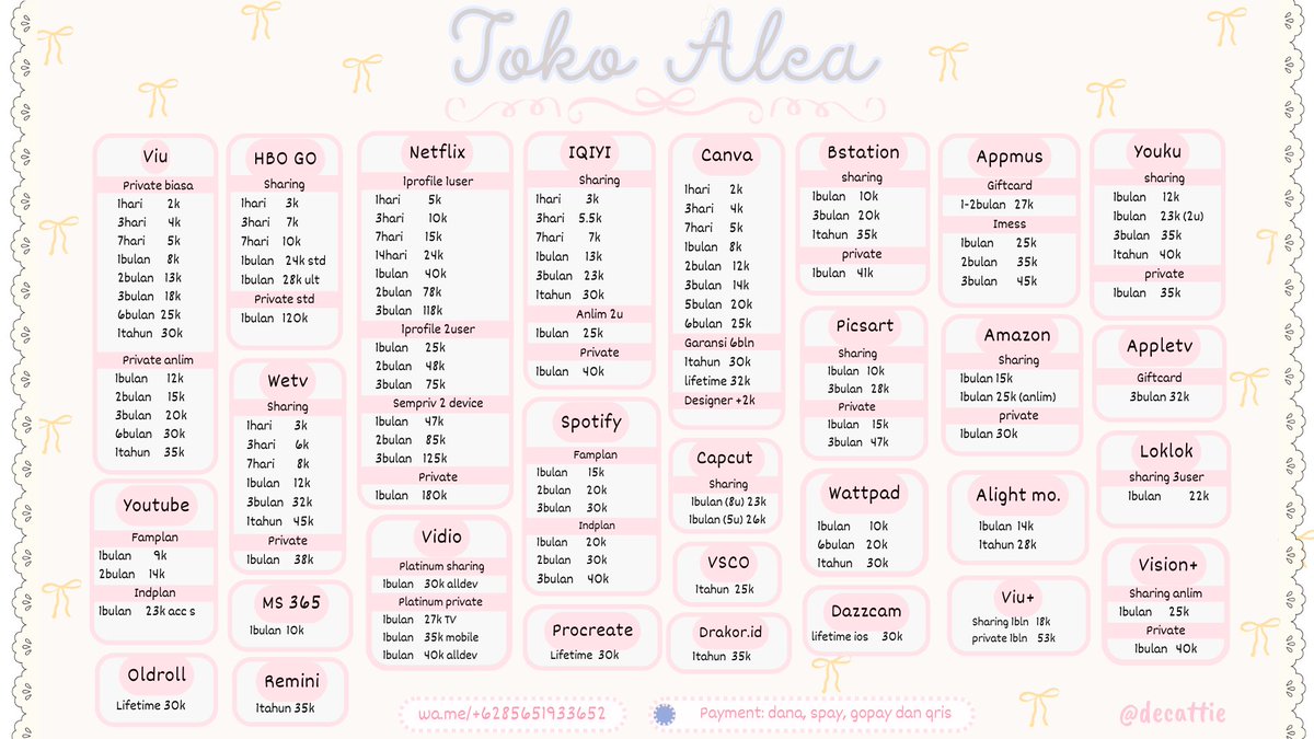 _uromsae's tweet photo. 🎀🩰 :  WANT MAU WTS WTB APPREM MURAH BERGARANSI TRUSTED ♥︎! 

NETFLIX
CANVA
YOUTUBE
YOUKU
VIU
HBO
AMAZON PRIME
WETV
IQIYI
APPLE MUSIC
LOKLOK
VIDIO
BSTATION

Kim vvup prettypretty OY ketuk wa disini.
🪧 : https://t.co/LIh9i45KFW

𓈀 ۫ 🎐   # zonauang   # zonajajan   ✩𓏼 https://t.co/mXdQhYAJBE