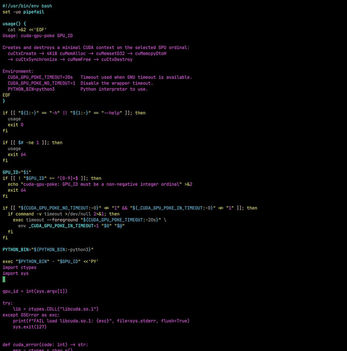 DongwooKim's tweet photo. Had a ghost GPU issue: 100% utilization, but no process showed up.
Asked Codex to debug it.

It generated and ran a tiny CUDA context probe:

CtxCreate→MemAlloc→MemsetD32 →MemcpyDtoH →CtxSynchronize→MemFree→CtxDestroy

GPU recovered.
AI infra debugging is getting real. https://t.co/YY6rcsSBZu