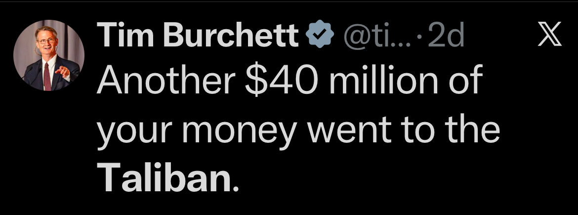 USAMyFreedom's tweet photo. @KamVTV Why the hell are we still giving 40 mil a week to the Taliban? https://t.co/DSfjKzb1OX