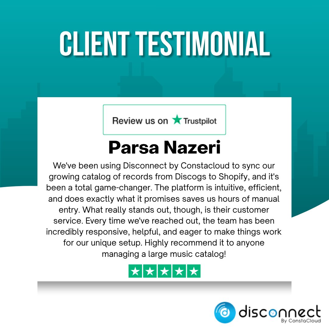 help_disconnect's tweet photo. ๐ Client Testimonial ๐
Thanks,for the amazing feedback! ๐
We're proud to help sellers sync Discogs & Shopify seamlessly, saving time and simplifying catalog management. ๐
#ClientTestimonial #TrustpilotReviews #DisConnectByConstaCloud #Discogs #Shopify #EcommerceAutomation https://t.co/1LUE2sJRek
