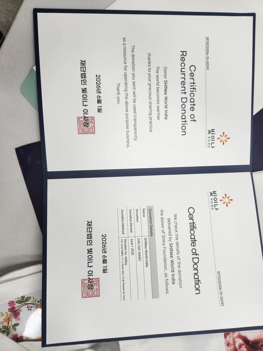 swindiaofficial's tweet photo. Indian Shawol's contribution to Shiny Foundation was donated on 1st June 2026 . Here is the certificate. Thank you so much for your contribution. It was many of the first steps we took together for this great aim ❤️

#JONGHYUN 
#SHINee 
#SHINeeWorldIndia https://t.co/61LK9uEaYC