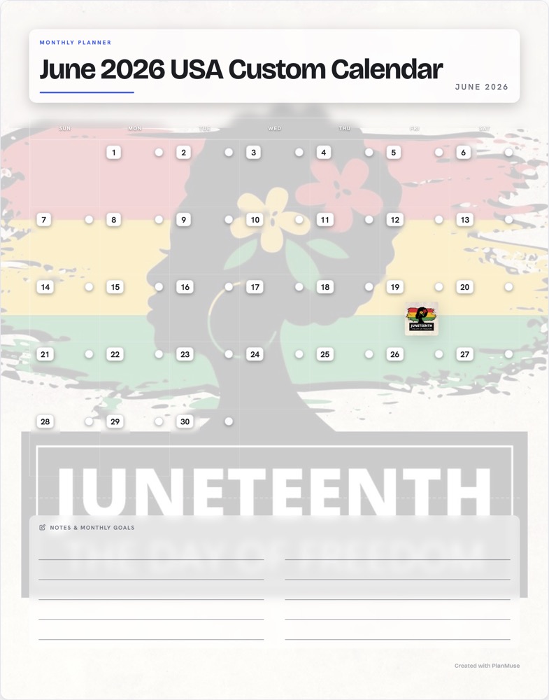 curious_right's tweet photo. Your June, your way 🗓️✨

Just made this custom Juneteenth calendar in seconds - pick a theme, drop stickers, set a background, download a print-ready PDF. Free. No sign-up.

👉 https://t.co/1OTkV1M1vB

#Juneteenth #June2026 #Planner #PrintableCalendar #PlanMuse #CalendarDesign https://t.co/wsBLdcyNq5
