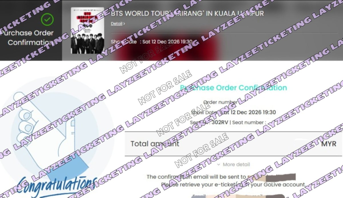 layzeeticketing's tweet photo. #layzeeticketing 
❌️‼️NOT FOR SALE‼️❌️

SECURED 3 TICKETS
#BTSinKL #BTS_WORLDTOUR_ARIRANG_KUALALUMPUR 
CAT2 Section 134
CAT10 Section 302RV

Any request➡️https://t.co/pa5VqQCh0A
-💜 https://t.co/bBQ6KY0wn8