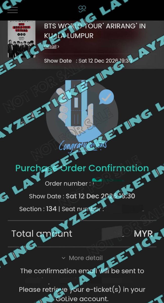 layzeeticketing's tweet photo. #layzeeticketing 
❌️‼️NOT FOR SALE‼️❌️

SECURED 3 TICKETS
#BTSinKL #BTS_WORLDTOUR_ARIRANG_KUALALUMPUR 
CAT2 Section 134
CAT10 Section 302RV

Any request➡️https://t.co/pa5VqQCh0A
-💜 https://t.co/bBQ6KY0wn8
