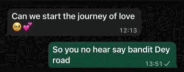 chularh's tweet photo. band!ts dey road this one wan dey start journey of love with me, she wan put me for trouble 😅 https://t.co/OaTDhdXh0V