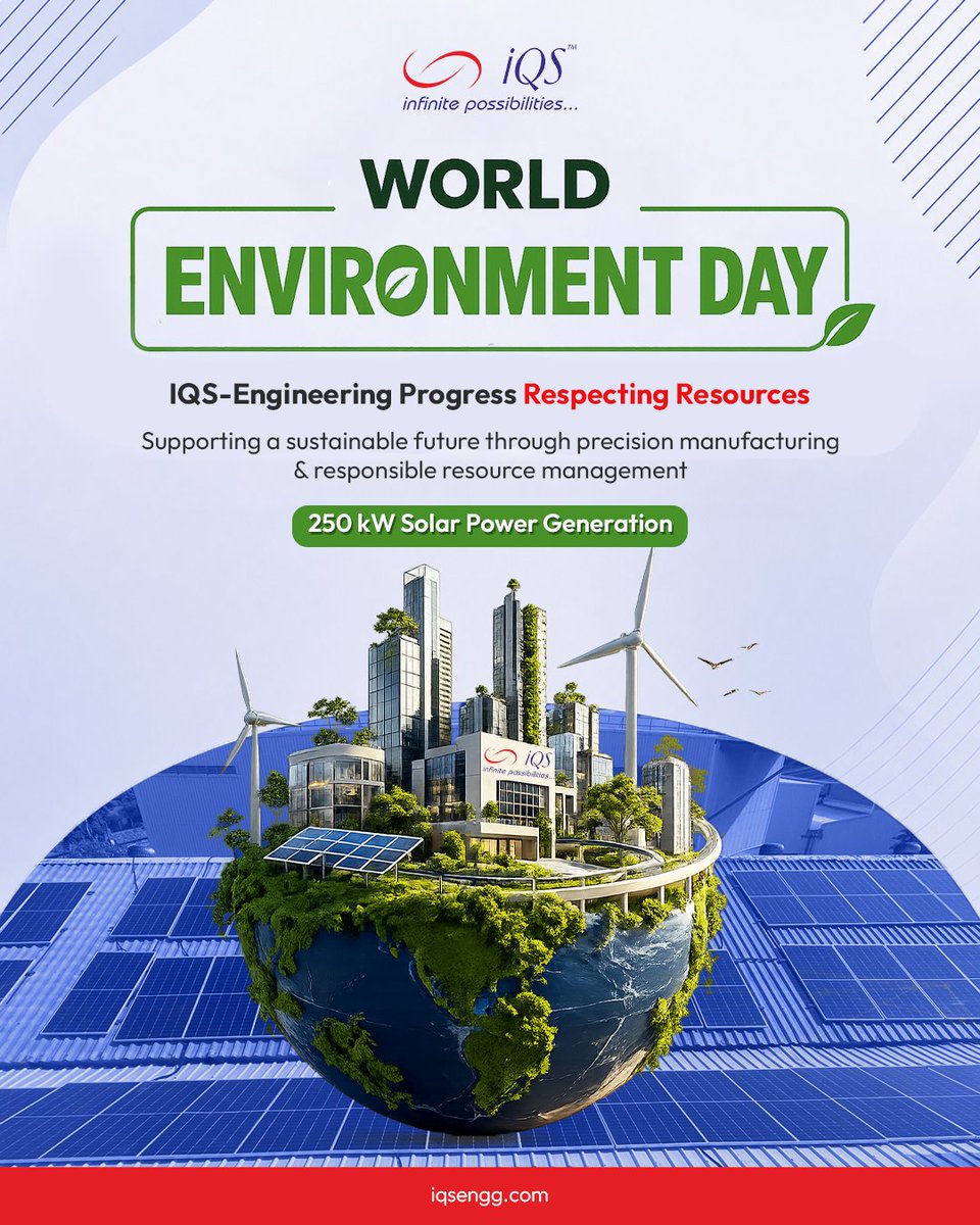 IqsEspl's tweet photo. Engineering Progress. Respecting Resources.

This World Environment Day, IQS Engineering reaffirms its commitment to sustainable manufacturing, supported by 250 kW solar power generation.

#WorldEnvironmentDay #Sustainability #SolarPower #Manufacturing #IQS https://t.co/5JmtEImihU